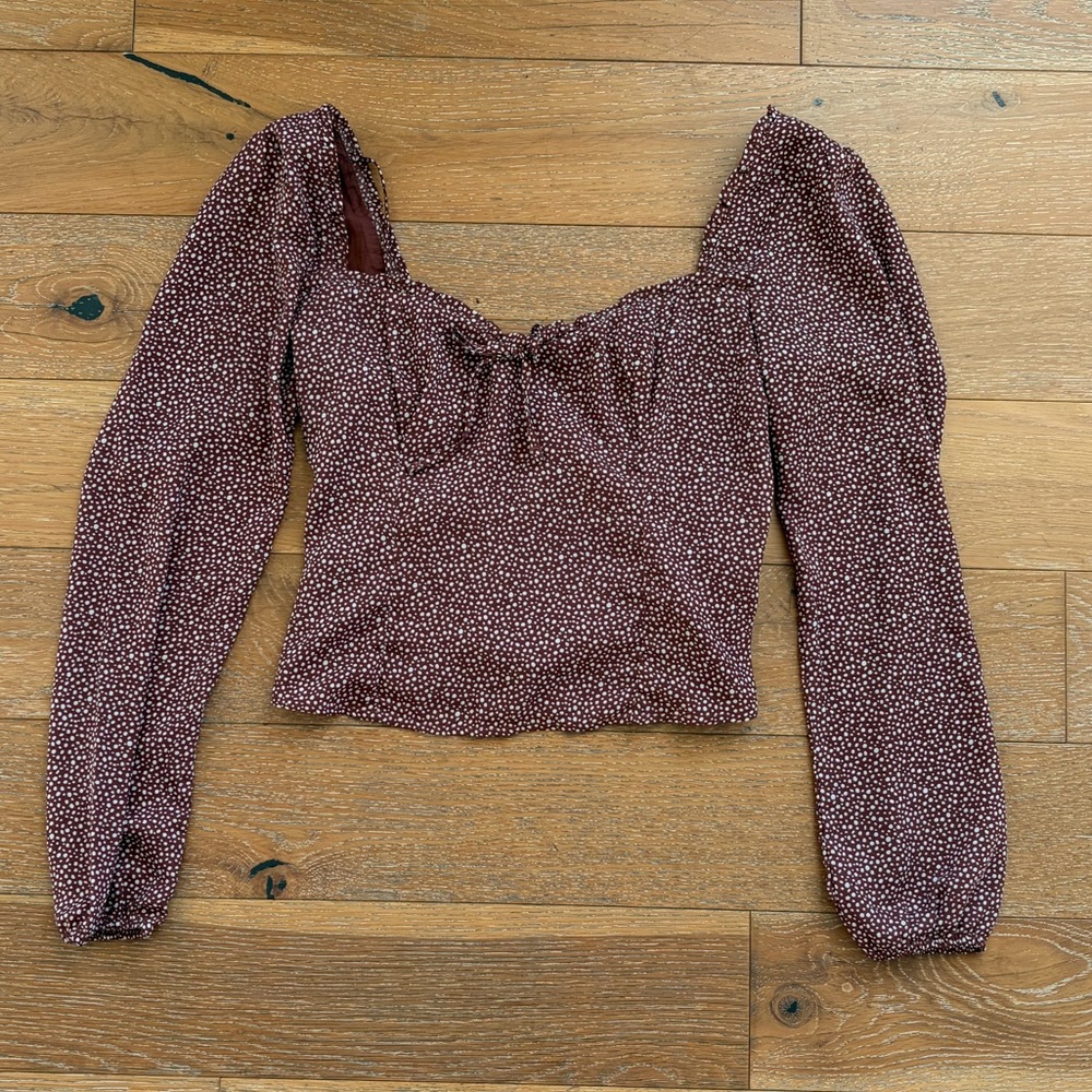 Abercrombie & Fitch Brown Polka Dot Puff Sleeve Blouse with tie back